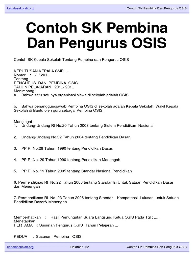 Bahwa penanggung jawab pembina osis di sekolah ini adalah kepala sekolah . Contoh Sk Pembina Dan Pengurus Osis Pdf