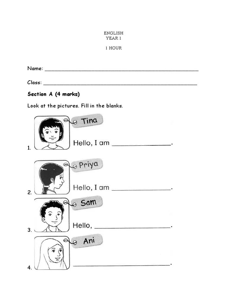 Year 1 English Exam - 1 Hour Test | PDF