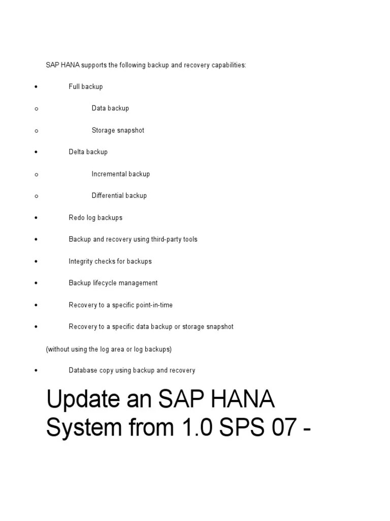 SAP HANA Supports The Following Backup And Recovery Capabilities | PDF ...