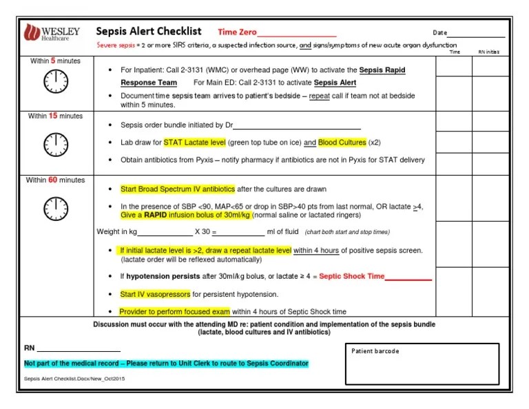 Protocols Checklists Sepsis Alert Wesley Healthcare | PDF | Sepsis ...