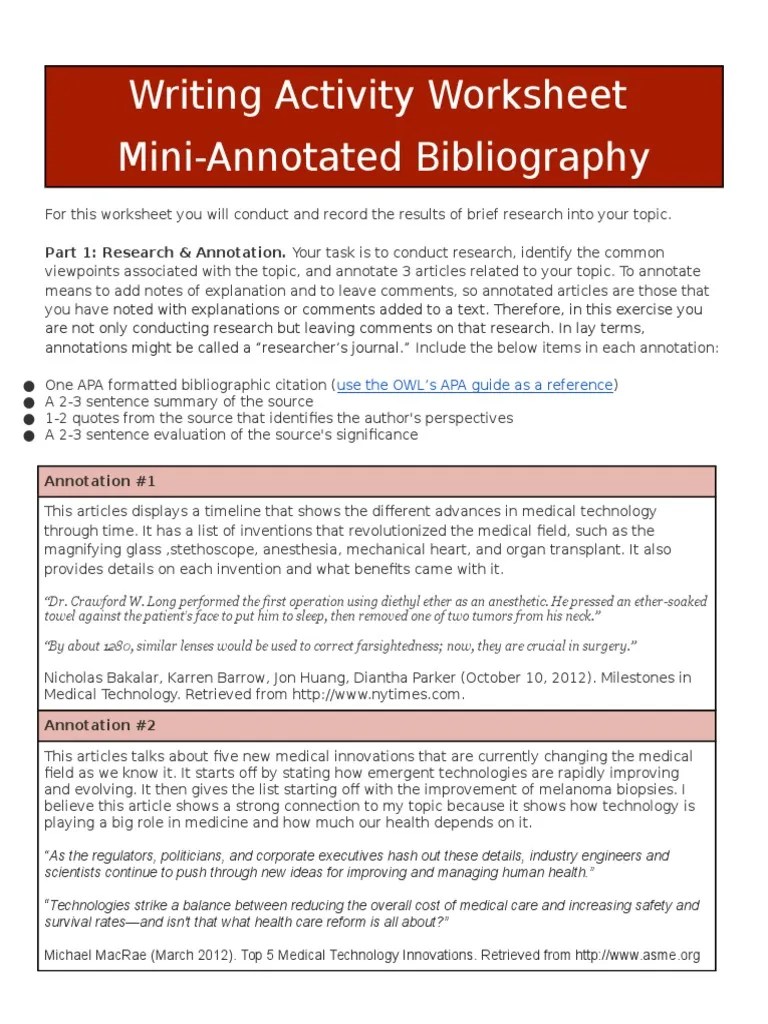 Writing Activity Worksheet Mini-Annotated Bibliography | PDF | Medicine ...