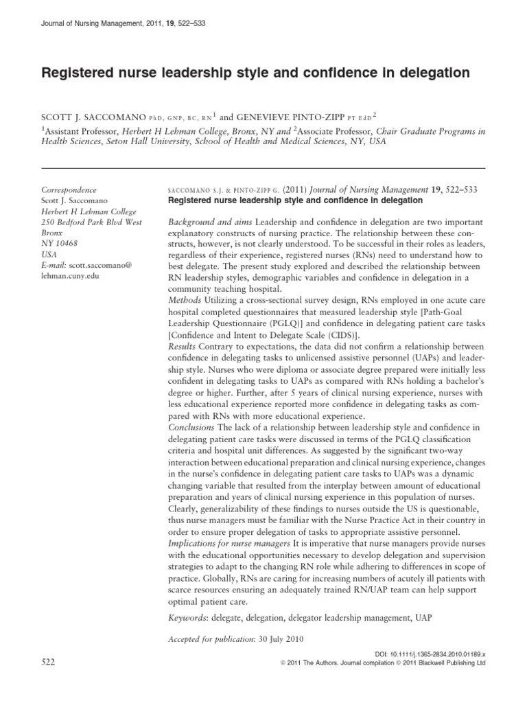 Registered Nurse Leadership Style And Confidence, Saccomano Et Al - (Leadership) PDF | PDF ...