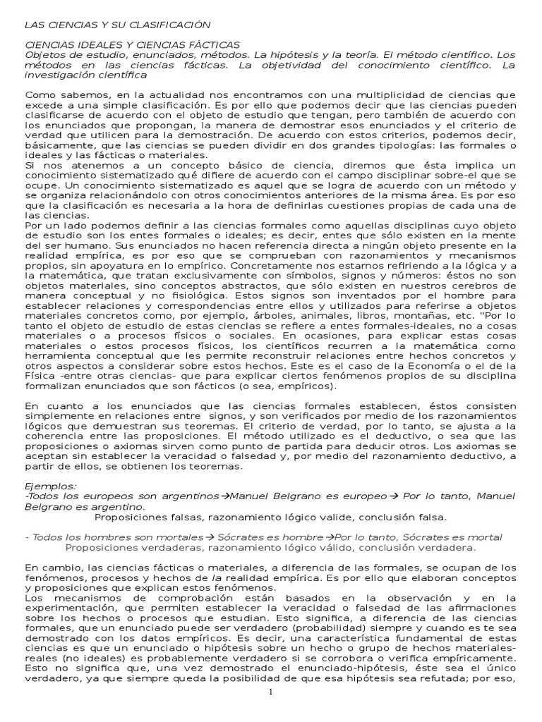 Las Ciencias Y Su Clasificación | PDF | Teoría | Science