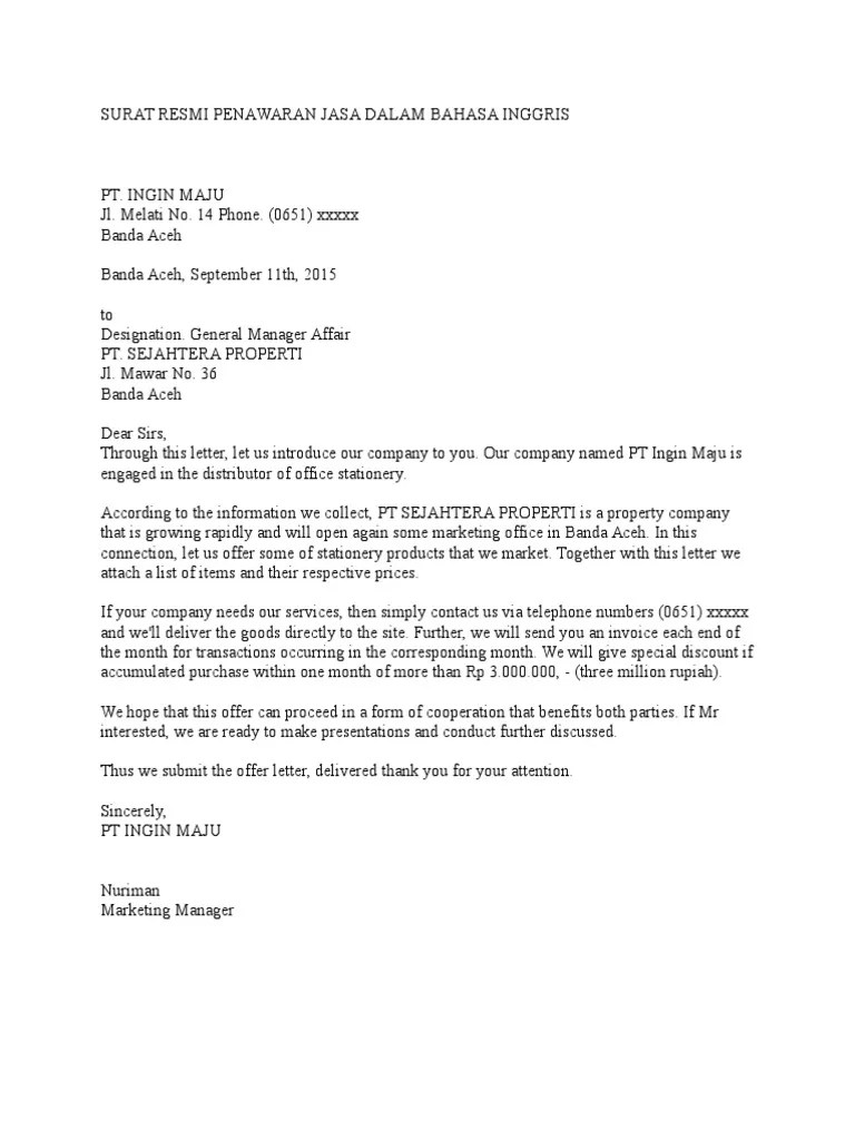 Atau jasa dari suatu perusahaan yang disampaikan melalui surat atau email. Surat Resmi Penawaran Jasa Dalam Bahasa Inggris Pdf