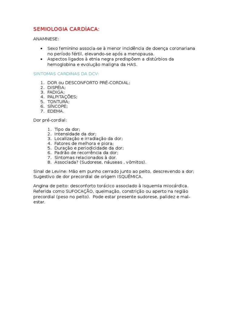 Semiologia Cardíaca | PDF | Angina Pectoris | Coração