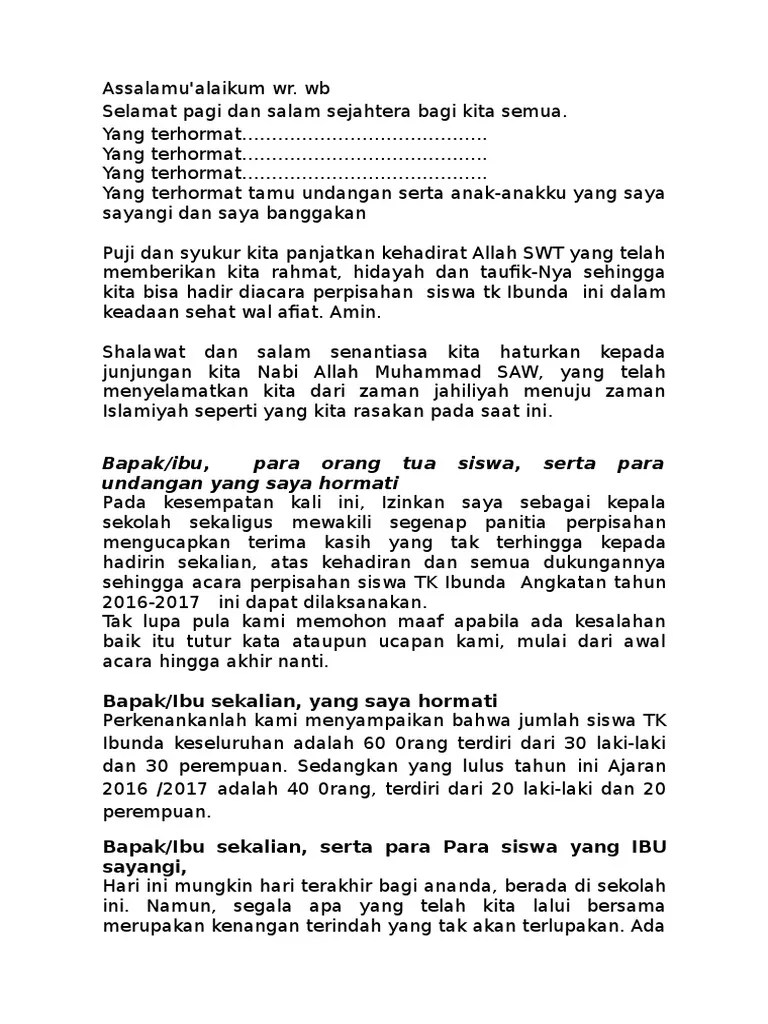 Sambutan Kepala Sekolah PD Perpisahan TK | PDF