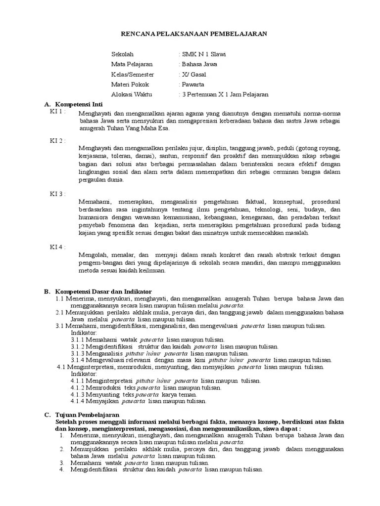 Materi kelas 10 bahasa jawa. Rpp X Smt 1 Pawarta Ok Pdf