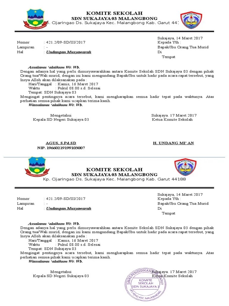 Mengingat rangkaian tupoksi komite sekolah di atas maka . Contoh Surat Undangan Rapat Komite Sekolah Doc Nusagates