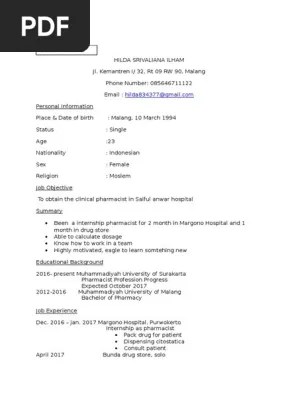 Objective dalam cv adalah pernyataan tentang tujuan karir kamu yang . Contoh Resume Untuk Farmasi Dalam Melamar Kerja English Pdf