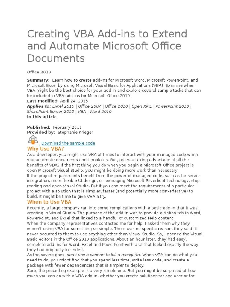 Creating VBA Add-Ins To Extend And Automate Microsoft Office Documents ...