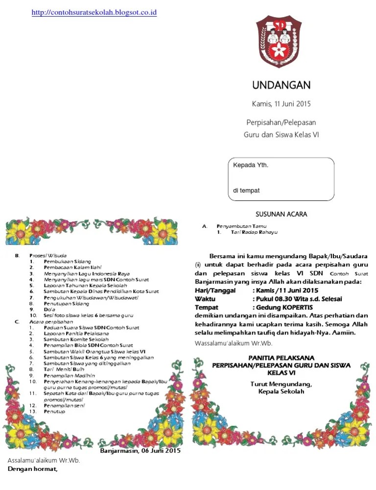 Contoh surat undangan perpisahan kelas 6 sd . Undangan Perpisahan Kelas Vi Pdf