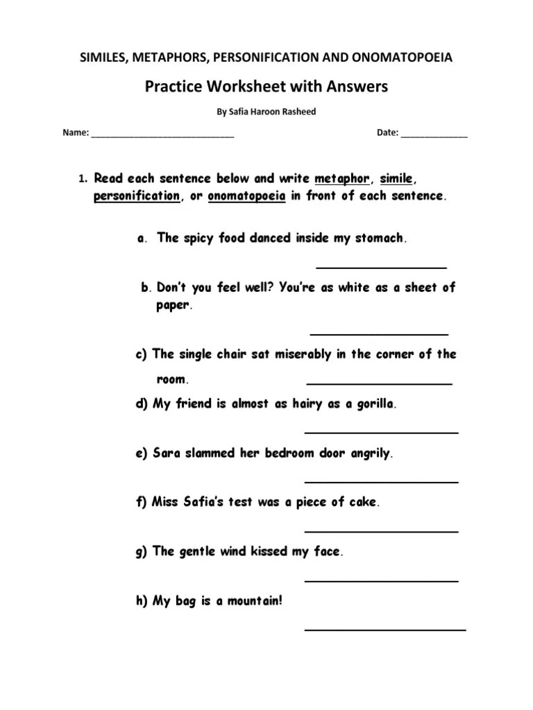 Metaphors and similes are similar, yet different. Simile Metaphor Personication Onomatopoeia Pdf