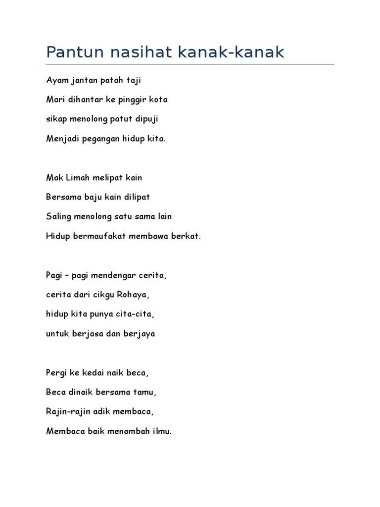 Laksamana pergi berperang · pergi mendaki gunung daik hendak menjerat kancil dan rusa · pinang muda . Pantun Nasihat Kanak Pdf