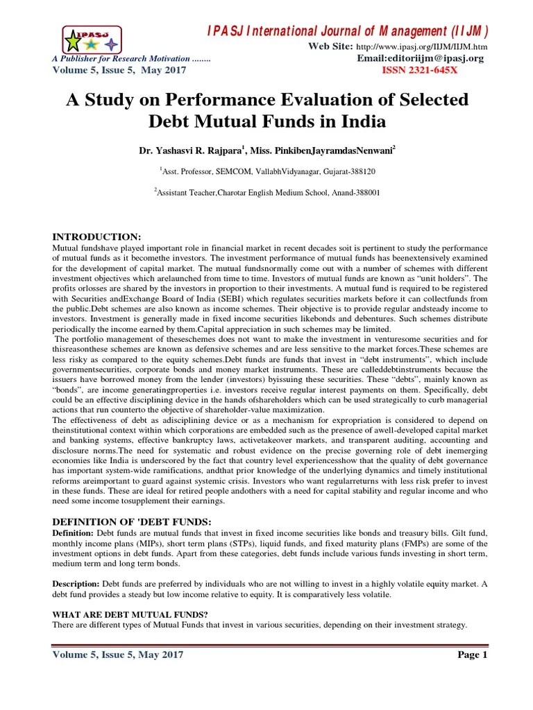 A Study On Performance Evaluation Of Selected Debt Mutual Funds In ...