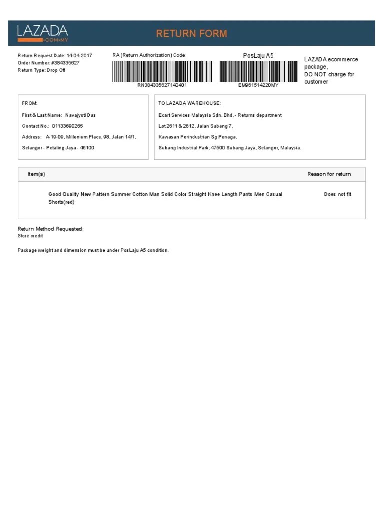Lazada - Return Form