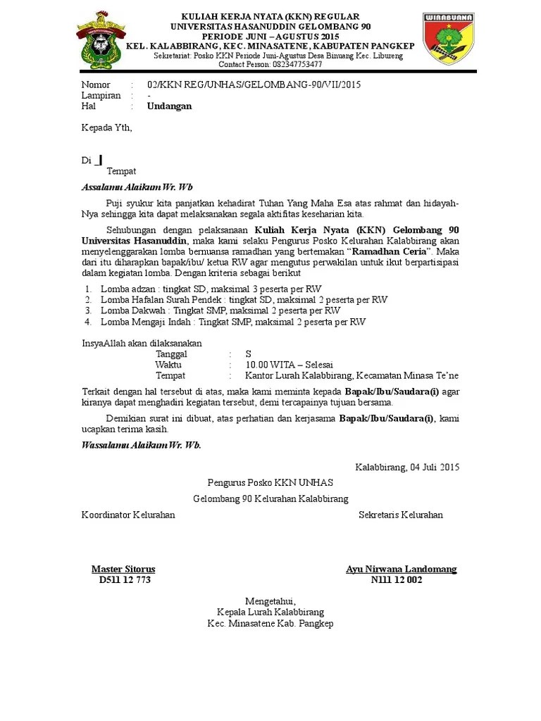 Dengan hormat, sehubungan dengan akan di laksanakan . Surat Undangan Seminar Desa Kkn Pdf