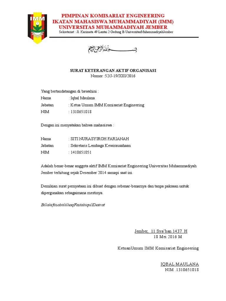 Contoh Surat Keterangan Aktif Dalam Anisasi 