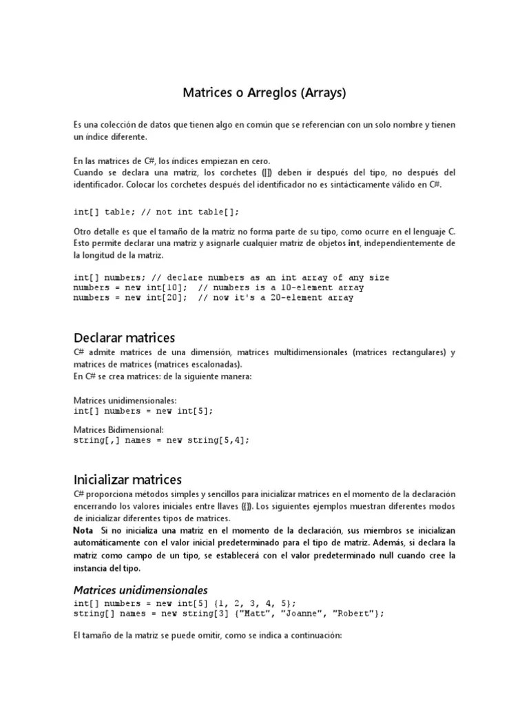Matrices | PDF | Estructura De Datos De Matriz | C Sharp (lenguaje De ...