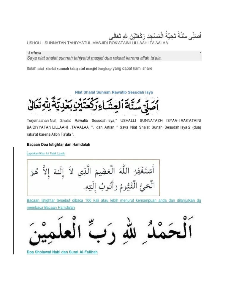 Niat Sholat Sunnah Isya Dan Masuk Masjid | PDF