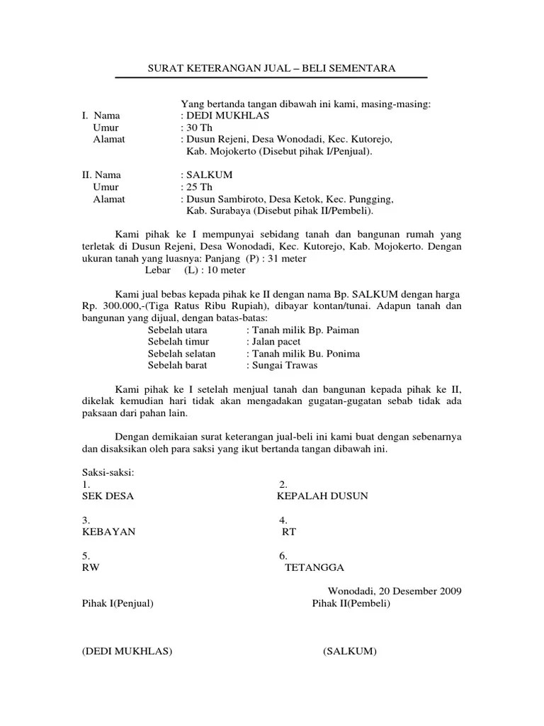 Selanjutnya kedua pihak sepakat bahwa perjanjian jual beli antara . Contoh Surat Keterangan Jual Beli Tanah Dari Desa Htmdh