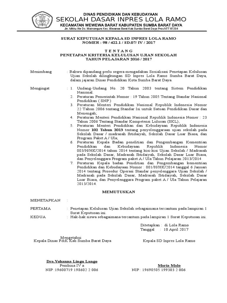 Mei 2021 tentang penetapan tanggal kelulusan peserta didik pada satuan pendidikan sd dan smp di kabupaten wonosobo, pengumuman kelulusan . Surat Keputusan Ks Penetapan Kelulusan Sd Pdf