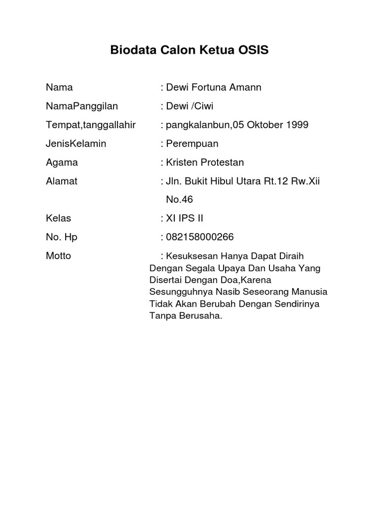 Formulir pendaftaran calon ketua osis 2017/2018. Berkas Ciwi Pdf