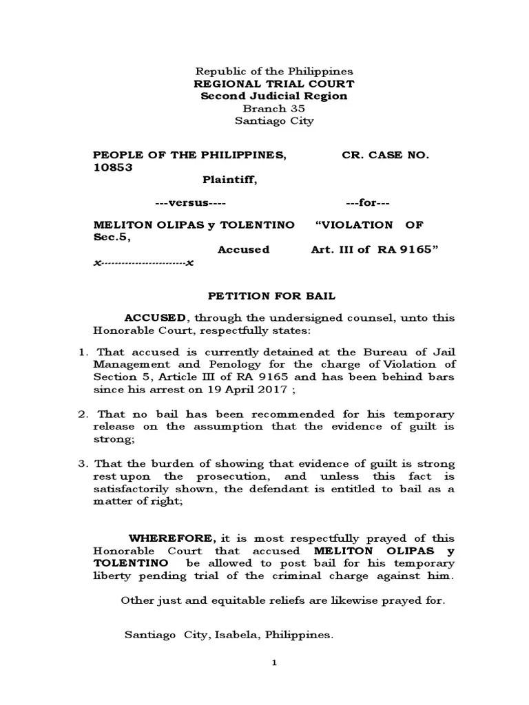 Sample Petition For Bail | PDF | Bail | Prosecutor