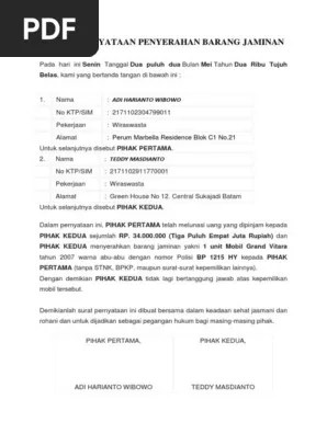 Surat penyerahan barang jaminan yang bertanda tangan di bawah ini : Surat Pernyataan Penyerahan Barang Jaminan Pdf