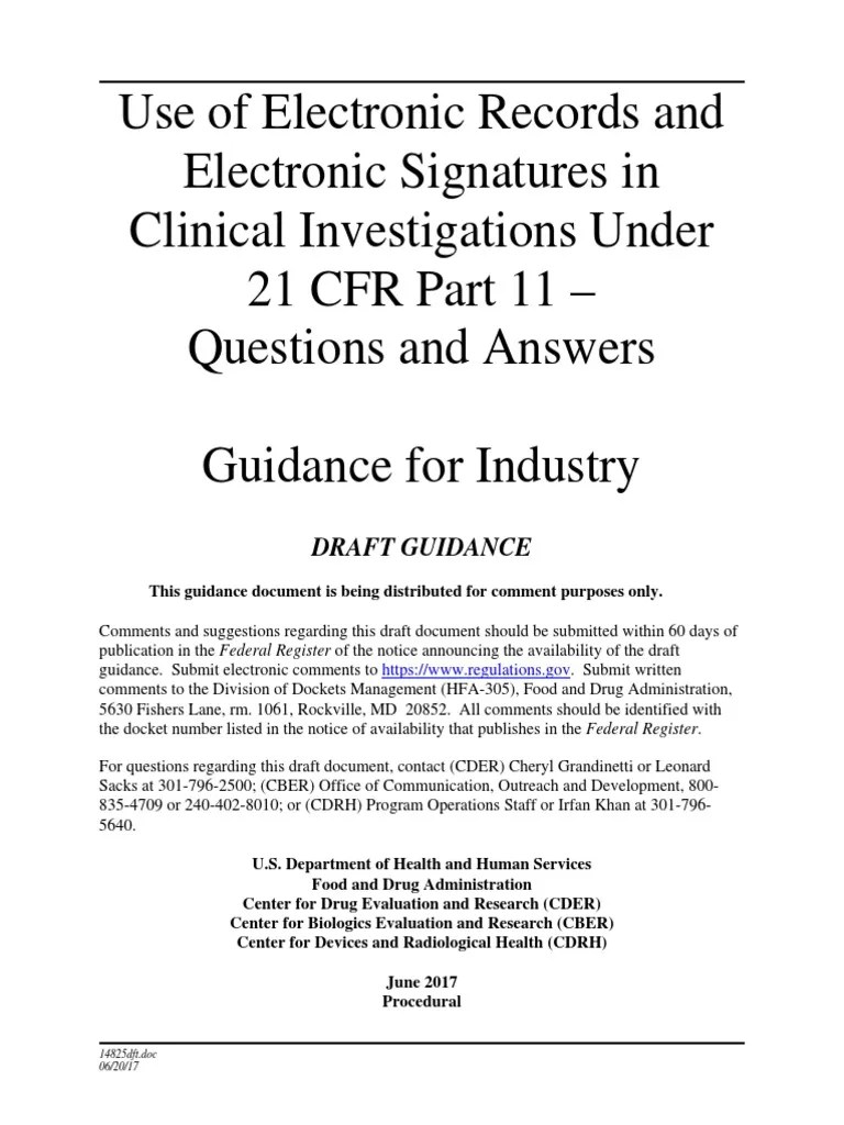 FDA DRAFT Guidance - Use Of Electronic Records And Electronic ...