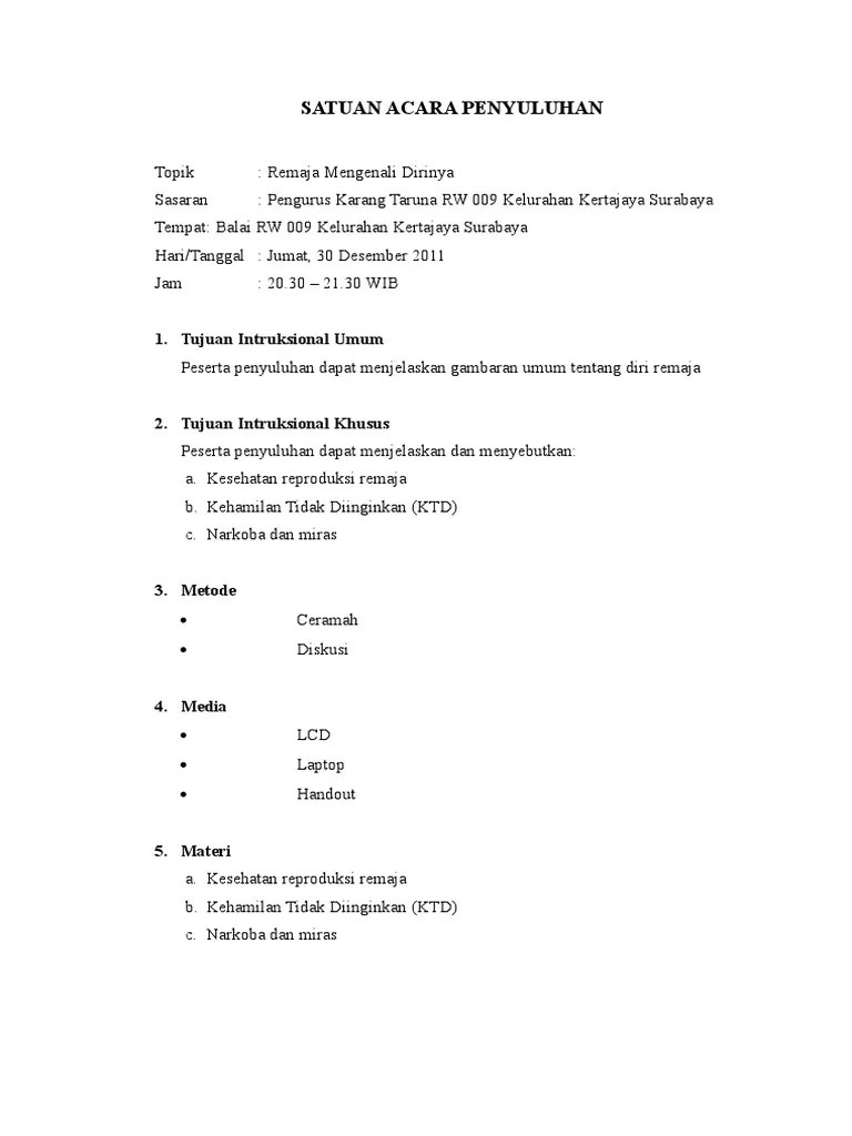 Satuan Acara Penyuluhan Kesehatan Reproduksi Remaja | PDF
