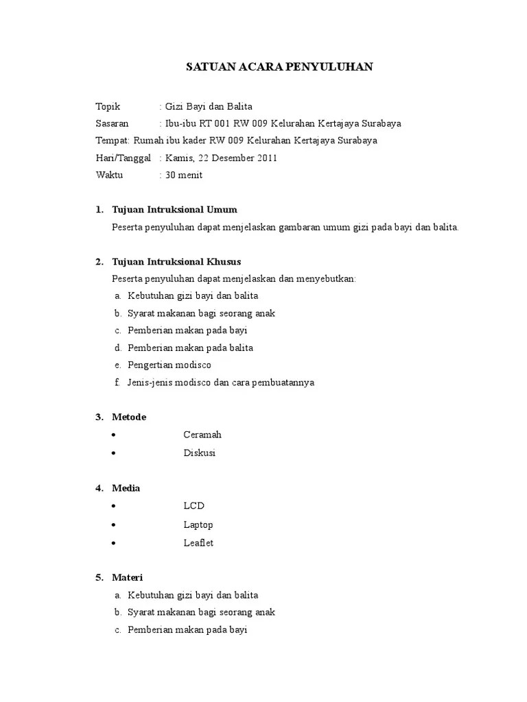 Satuan Acara Penyuluhan Gizi Seimbang Bayi Balita | PDF