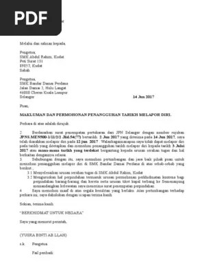 Berdasarkan surat penempatan pertukaran dari jpn selangor . Surat Penangguhan Lapor Diri Pdf