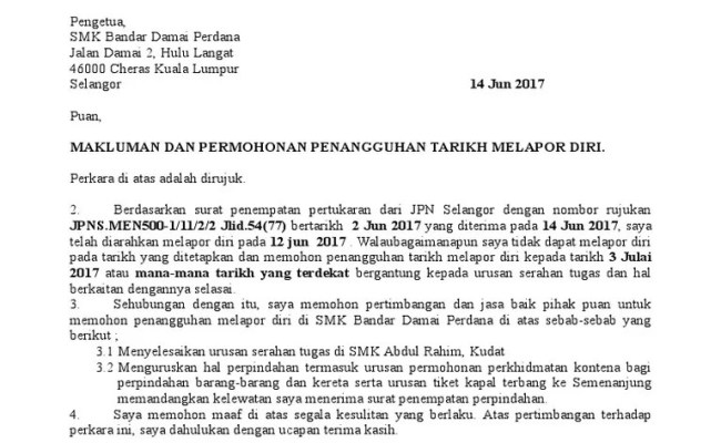 Kerjasama pihak tuan amat saya hargai. Contoh Surat Penangguhan Lapor Diri Otosection