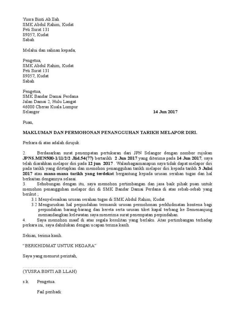 Permohonan untuk menangguhkan tarikh lapor diri. Surat Penangguhan Lapor Diri Pdf