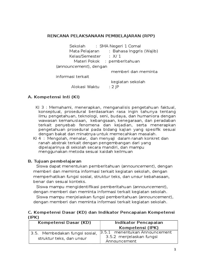 Ingin menyajikan 25 contoh pengumuman bahasa inggris / contoh announcement text tentang berbagai kegiatan yang sering di adakan di sekolah. Rpp 3 5 Announcement Pdf