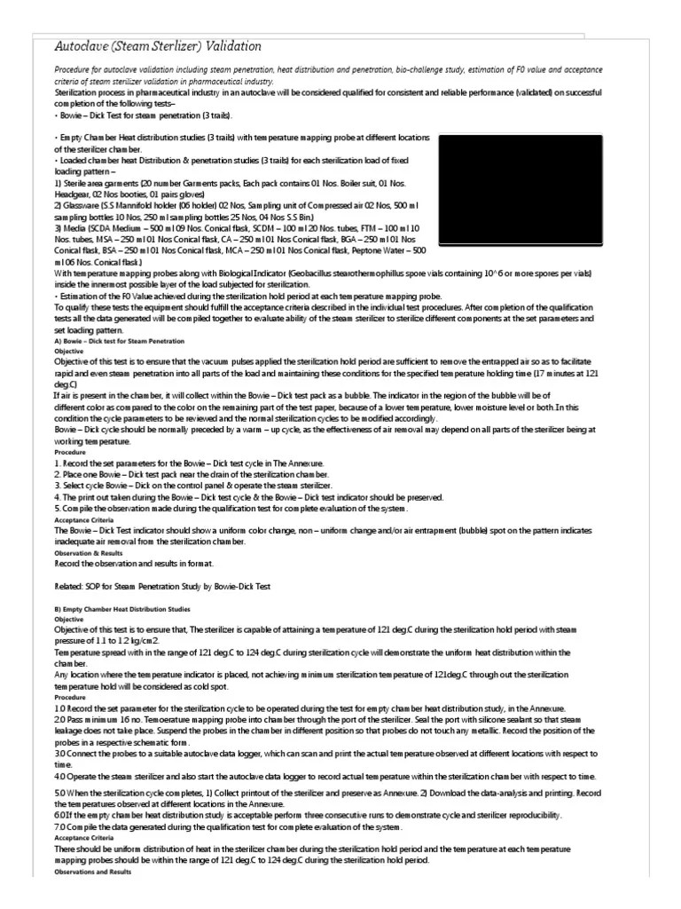 Autoclave (Steam Sterlizer) Validation - Pharmaceutical Guidelines ...