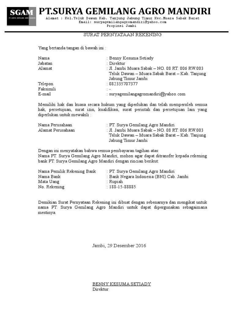 surat pemberitahuan perubahan nomor rekening perusahaan google penelusuran surat teh melati televisi. Surat Pernyataan Nomor Rekening Pdf