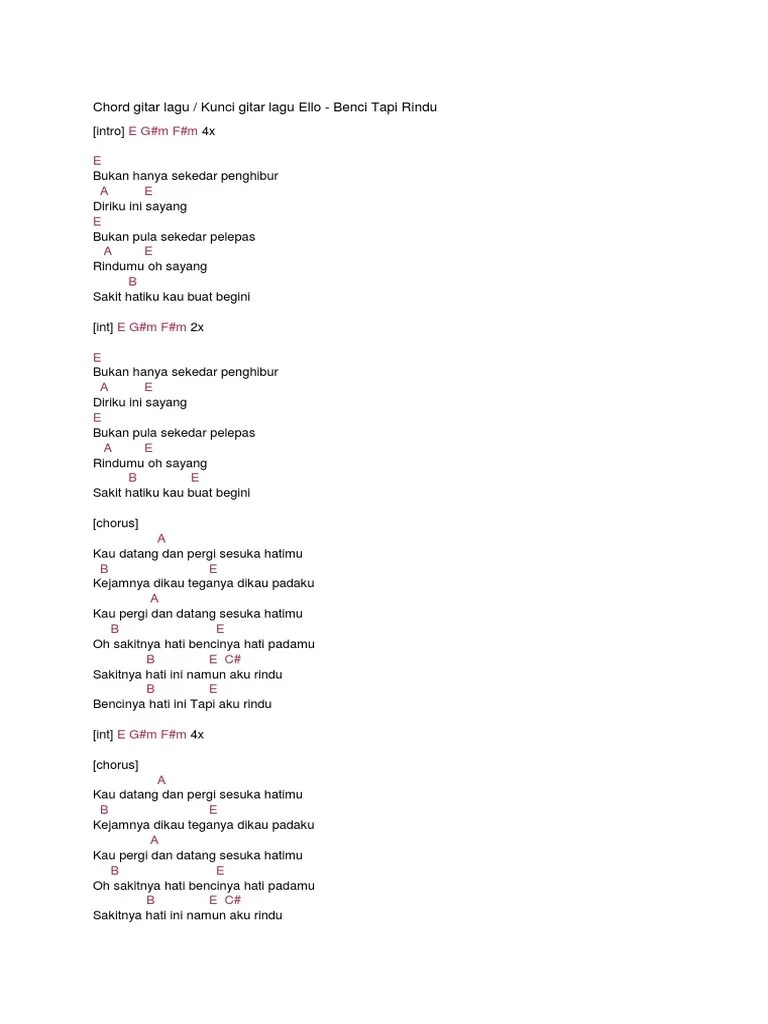 Chord Lagu Hanya Rindu Nada Dasar C