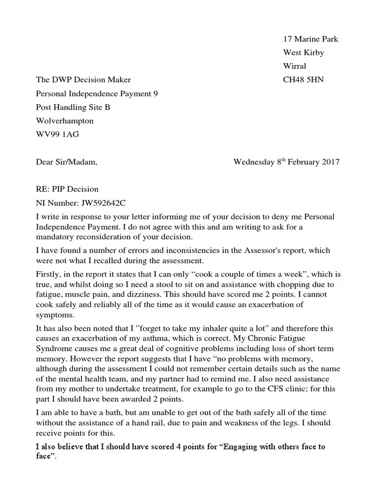 Pip Reconsideration Letter | PDF | Chronic Fatigue Syndrome | Anxiety