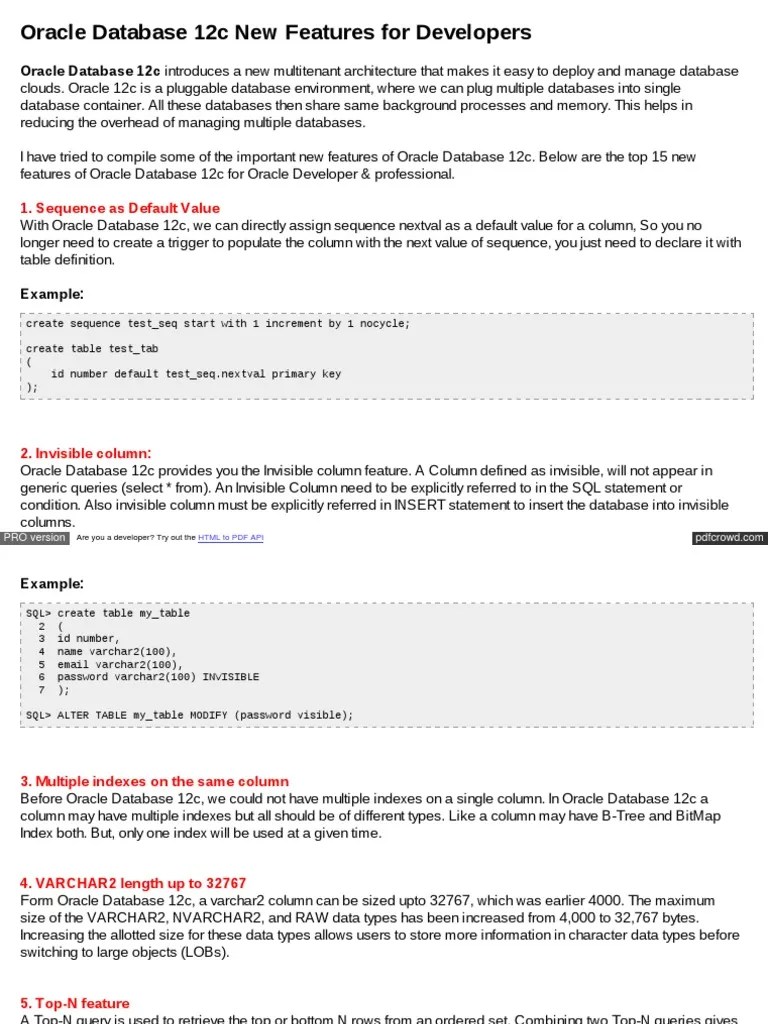 Oracle 11g 12c New Features | PDF | Pl/Sql | Sql