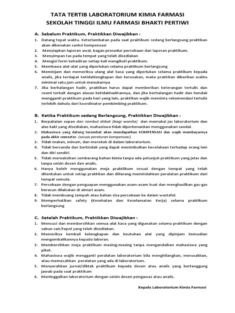 Tata Tertib Laboratoorium Kimia Farmasi | PDF