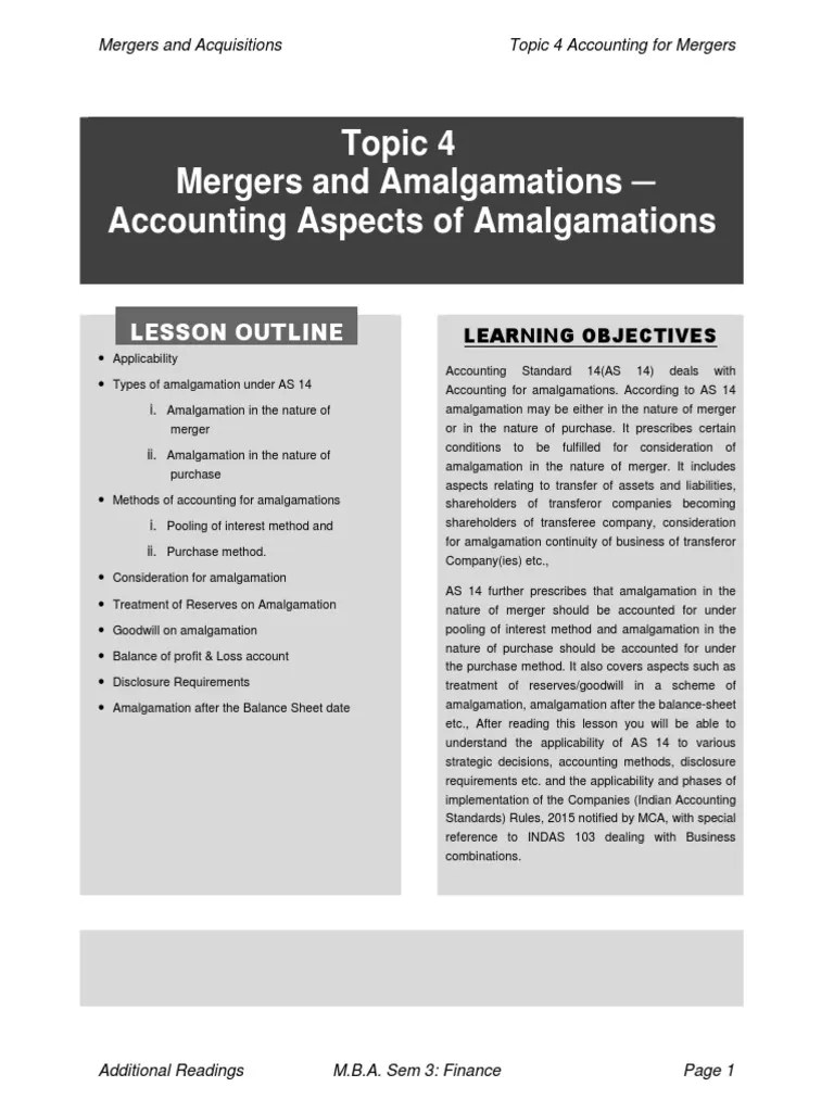 Mergers And Acquisitions Topic 4 Accounting For Mergers | PDF ...