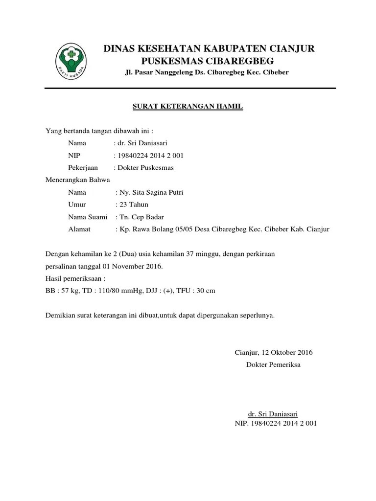Berikut ini contoh surat ketengan hamil yang dikeluarkan oleh pejabat puskesmas. Surat Keterangan Hamil Pdf