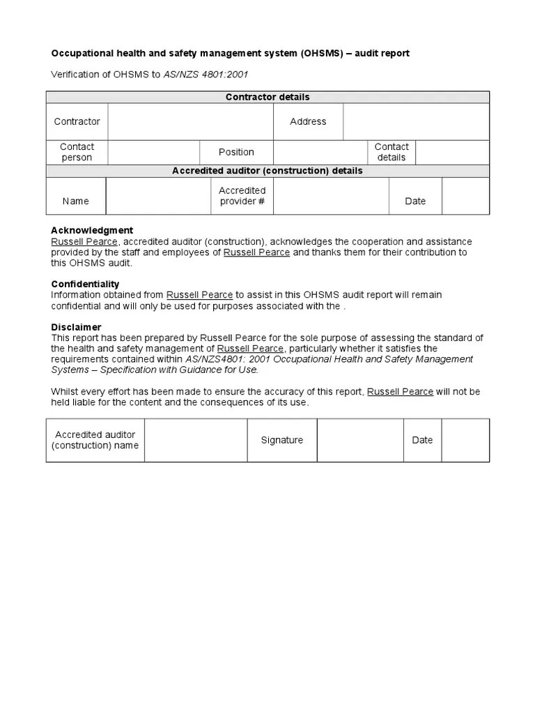Occupational Health And Safety Management System (OHSMS) - Audit Report ...
