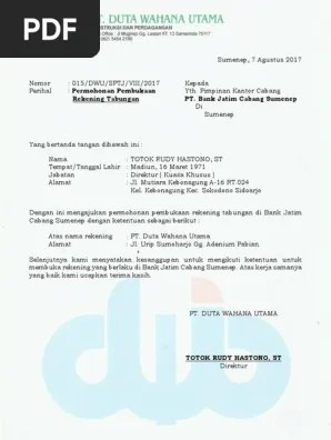 Mandiri ksm adalah fasilitas kredit yang diberikan kepada pegawai yang memiliki penghasilan tetap atau profesi tetap, pensiunan atau kepada target market tertentu untuk membiayaai berbagai macam kebutuhannya. Surat Permohonan Buka Rekening Baru Perusahaan Pdf