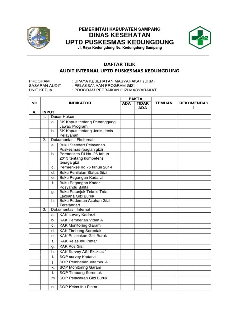 Laporan audit internal puskesmas tahun 2016 i. Daftar Tilik Audit Ukm