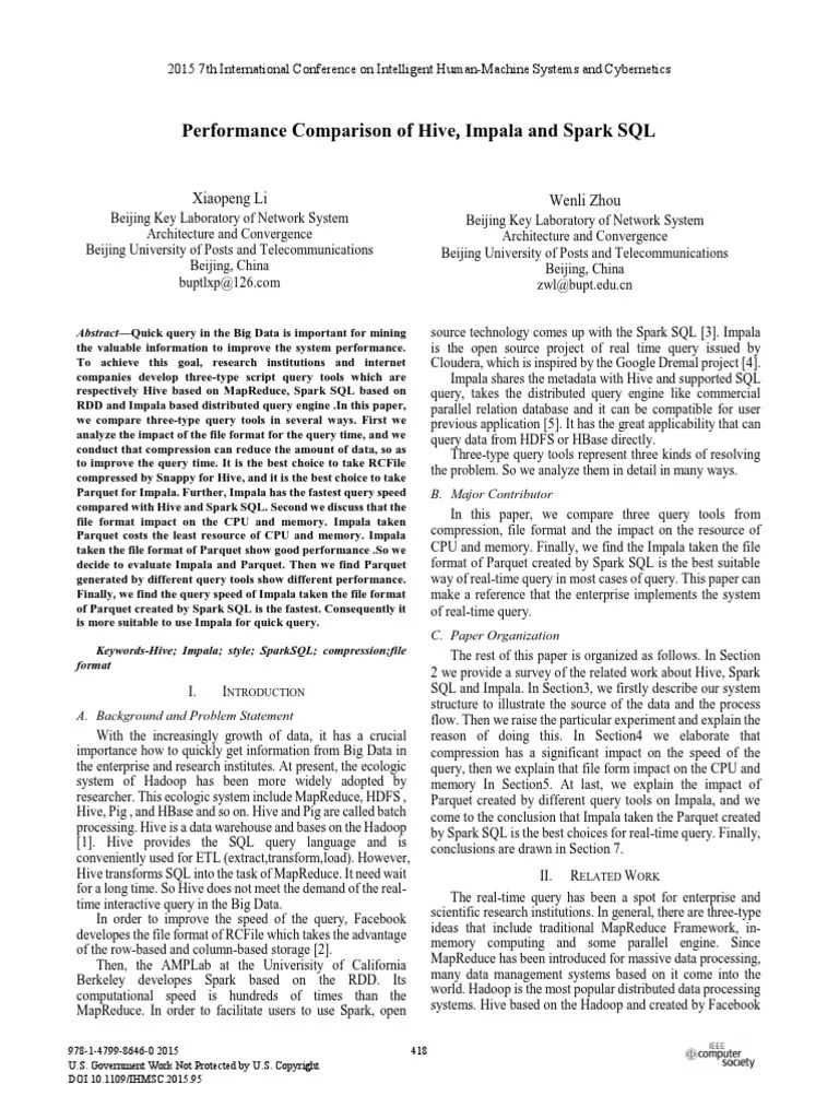 Performance Comparison Of Hive, Impala And Spark SQL | PDF | Apache ...
