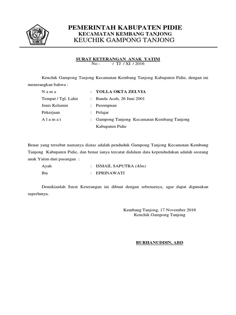 Contoh surat pernyataan cerai dari kepala desa berikut adalah contoh surat. Surat Keterangan Anak Yatim Pdf