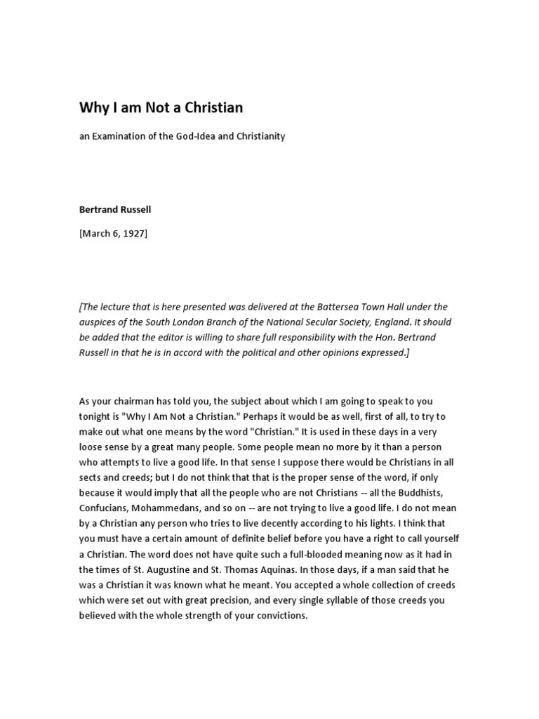 Why I Am Not A Christian - Bertrand Russell PDF | PDF | Existence Of God | Reason