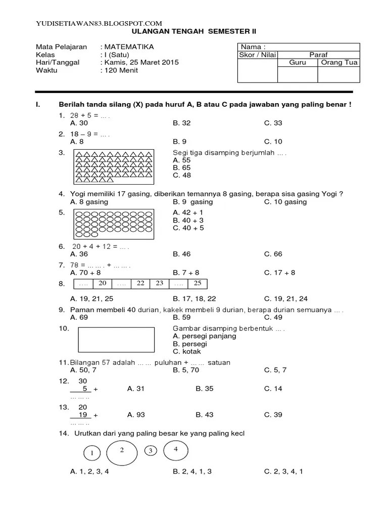 Penilaian tengah semester ganjil tahun 2020 ini dibagikan merupakan sebuah. Soal Uts Ktsp Matematika Kelas 1 Sd Semester 2 Pdf